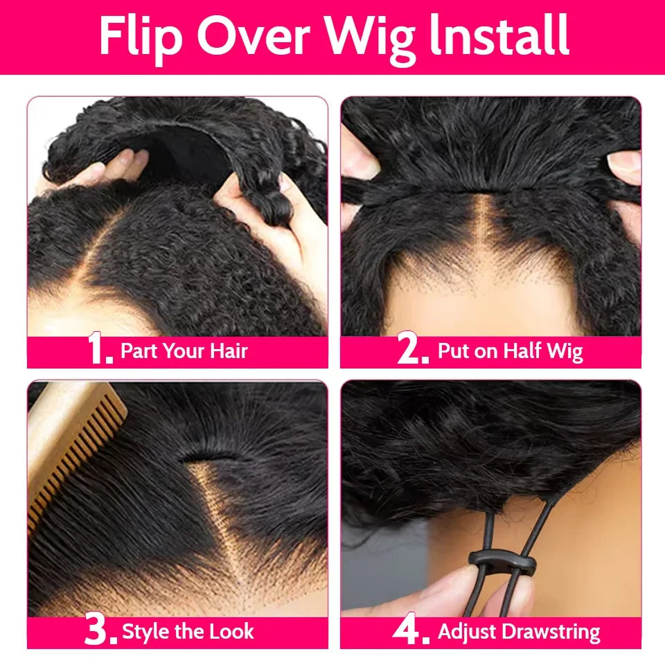 300% Glueless Wigs Human Hair Afro Kinky Curly Headband Wig Upgrade 3 IN 1 Half Wig With Drawstring Seamless Clip Ins Flip Over