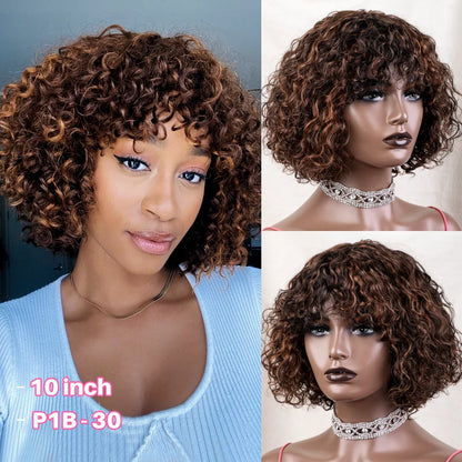 Jerry Curly Short Pixie Bob Cut Human Hair Wigs With Bangs For Women Wear To Go Peruvian Highlight Honey Water Wave Wigs